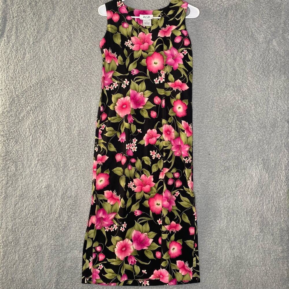 Vintage AGB womens maxi dress sleeveless pink floral tropical side slit floral 4